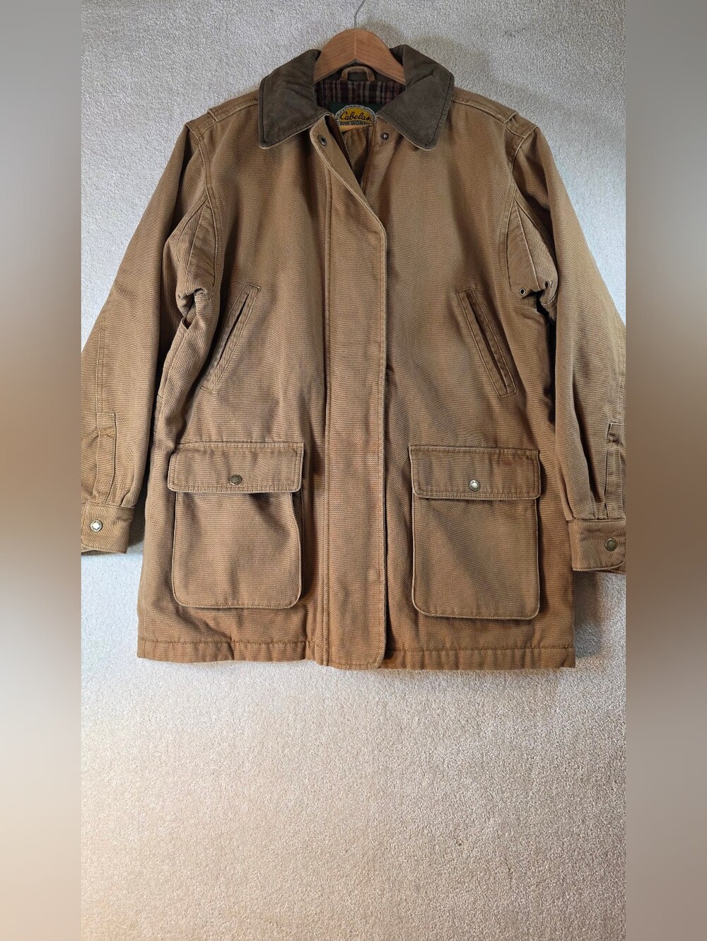 Cabela's Tan Canvas Chore Barn Coat Nubuck Leather Collar Blanket Lined Womens L